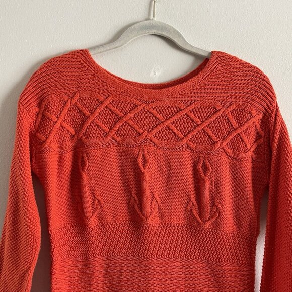 Talbots Women MP Orange Cable Knit Anchor Nautical Boat Neck Pullover Sweater - Picture 5 of 10